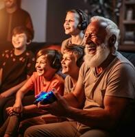 A long shot of the man and his grandchildren sitting on the couch, modern aging stock images, photorealistic illustration photo