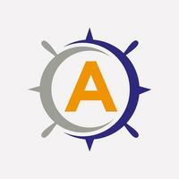 Letter A Ship Logo Concept With Ship Wheel Sign Vector Template