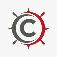 Letter C Ship Logo Concept With Ship Wheel Sign Vector Template