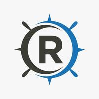 Letter R Ship Logo Concept With Ship Wheel Sign Vector Template