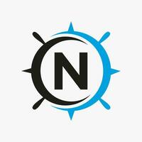 Letter N Ship Logo Concept With Ship Wheel Sign Vector Template