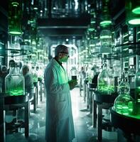 A long shot of a scientist in a white coat standing in a laboratory, medical stock images photo