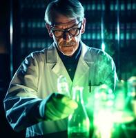 un científico en un blanco Saco soportes en un oscuro laboratorio, médico valores imágenes foto