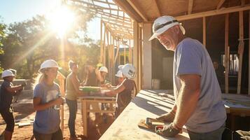 A volunteer is building a house for a family in need, mental health images, photorealistic illustration photo