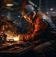 Industrial man working on metal plate in industrial factory, industrial machinery stock photos