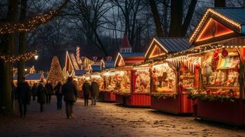 un amplio Disparo de un Navidad mercado a noche, Navidad imagen, fotorrealista ilustración foto