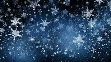 Snowflakes falling over a black blue background, christmas image, photorealistic illustration photo