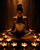 A person sitting in a lotus position in a dimly lit room, mental health images, photorealistic illustration photo