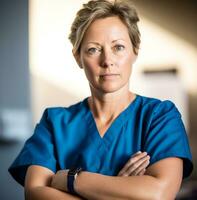 The nurse is wearing a blue scrubs and a white coat, medical stock images photo