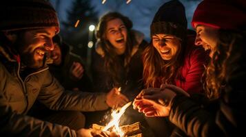 A group of friends laughing and talking around a campfire, mental health images, photorealistic illustration photo