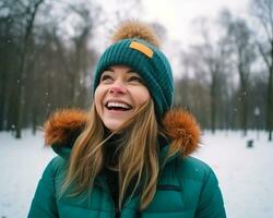 A girl standing in a winter park wearing a winter jacket and a cap stock photo djsansino, christmas image, photorealistic illustration