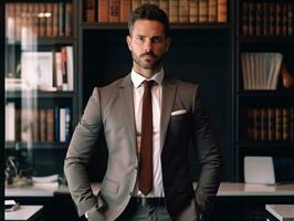 Man in a suit standing in office with his shoulders crossed, boss day images photo