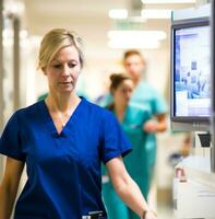 el enfermero es caminando abajo un largo brillantemente iluminado pasillo, médico valores imágenes foto