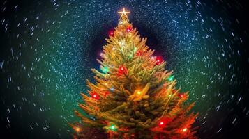 A fisheye shot of a christmas tree the tree is decorated with twinkling lights, christmas image, photorealistic illustration photo