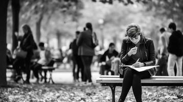 un mujer se sienta en un banco en un parque escritura en un diario, mental salud imágenes, fotorrealista ilustración foto