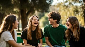 A group of friends sitting on a bench in a park, mental health images, photorealistic illustration photo