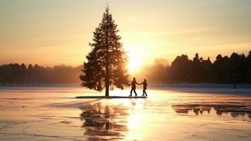 un par de hielo patinadores deslizamiento a través de un congelado lago, Navidad imagen, fotorrealista ilustración foto