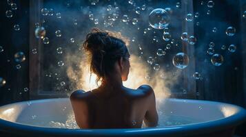 un persona es sentado en un bañera rodeado por burbujas, mental salud imágenes, fotorrealista ilustración foto