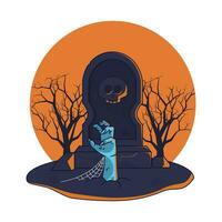 Zombie hand out of scary skull gravestone with dry trees in the background vector illustration design isolated editable