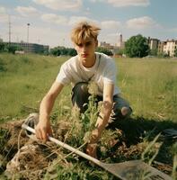 Adolescente chico limpieza el parque en el césped, naturaleza valores foto