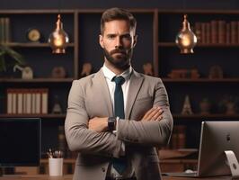 Man in a suit standing in office with his shoulders crossed, boss day images photo