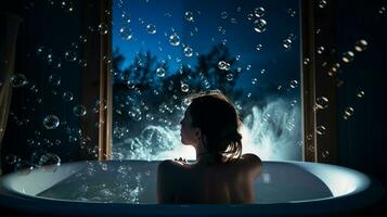un persona es sentado en un bañera rodeado por burbujas, mental salud imágenes, fotorrealista ilustración foto