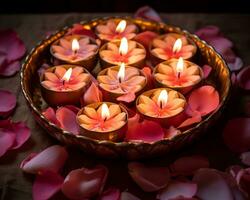 An image showing several burning diyas in the middle of petal petals, diwali stock images, realistic stock photos