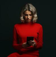 A gray haired woman wearing a red sweater and using a smart phone, modern aging stock images, ai generated aging images photo