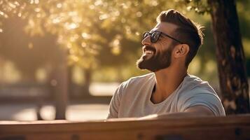 A young man is sitting on a bench in a park, mental health images, photorealistic illustration photo