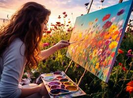 A wide-angle shot of a person painting in a field of flowers, mental health images, photorealistic illustration photo