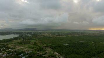 Flying over Mauritius Island with low clouds video