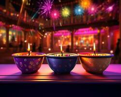 Three bowls with colourful candles with fireworks in the background, diwali stock images and illustrations photo