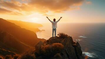 A man standing on a cliff overlooking the ocean, mental health images, photorealistic illustration photo