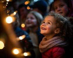 un cerca arriba de un niños cara iluminado arriba con alegría, Navidad imagen, fotorrealista ilustración foto