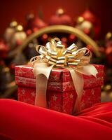 A close up shot of a christmas present sitting on santas sleigh, christmas image, photorealistic illustration photo