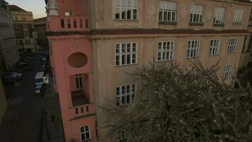 Aerial view of typical Europian house and near blooming tree, Prague, Czech Republic video