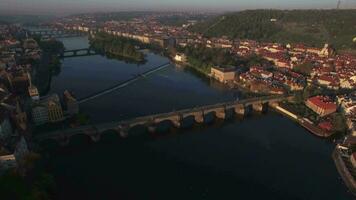 Aerial view along Vltava river in the summer Prague, Czech Republic video