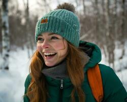 Image of young lady happy in winter in forest in snow, christmas image, photorealistic illustration photo