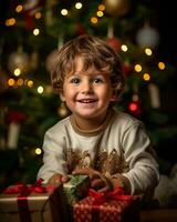 un retrato de un niño vestido en tradicional Navidad atuendo, Navidad imagen, fotorrealista ilustración foto