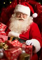 A close up portrait of santa claus sitting in his sleigh, christmas image, photorealistic illustration photo