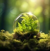 un vaso globo conteniendo un verde planta con luz de sol viniendo mediante él, naturaleza valores foto