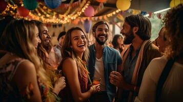 un grupo de personas riendo y hablando a un fiesta, mental salud imágenes, fotorrealista ilustración foto