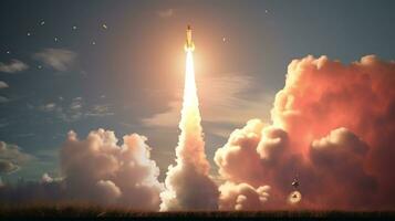 un cohete lanzamiento con el estelas de condensación de fumar y fuego creciente dentro el cielo, industrial maquinaria valores fotos