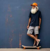 An older man with white beard standing up with skateboard next to wall, modern aging stock images, ai generated aging images photo