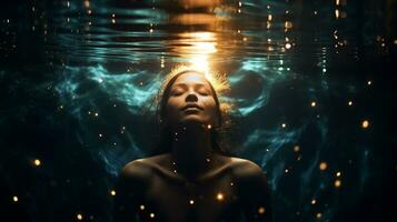 A person floating in a pool of water surrounded by stars, mental health images, photorealistic illustration photo