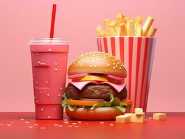 un hamburguesa y un soda en un rosado fondo, mundo comida día imágenes foto