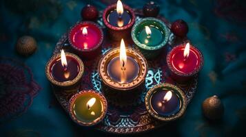 diwali luces con velas se sentó en un rojo patrón, diwali valores imágenes, realista valores fotos