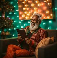 Old man laughing while using tablet on sofa, modern aging stock images, ai generated aging images photo