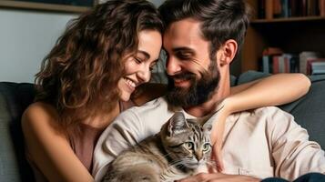 A young couple is sitting on the couch hugging their cat, mental health images, photorealistic illustration photo