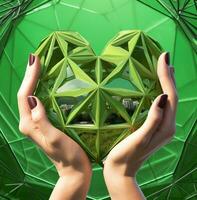 un hembra mano muestra un corazón forma en un verde antecedentes con un cruzar en él, médico valores imágenes foto